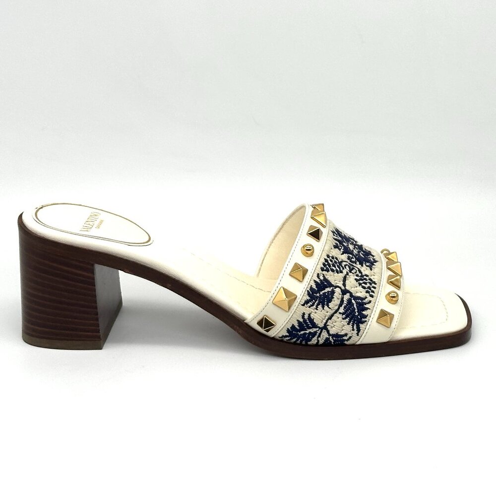 Valentino County Rockstud Slide Sandals Embroidered Mules Heels Shoes - Picture 11 of 16